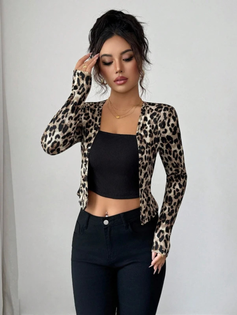 Womens Long Sleeve Leopard Print Color Block Cardigan Fall Winter